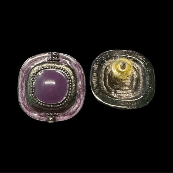 Vintage-Style Purple Enamel & Silver-Tone Clip-On Earrings With Textured Detaili - Picture 3 of 4